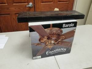lot 385 image: Casablanca Barola Ceiling Fan Tuscan with 5 ABS Medium Oak blades (new in box)