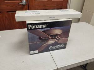 lot 386 image: Casablanca Panama II Ceiling Fan Aged Gold with 5 Light Oak blades (new in box)