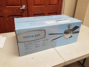lot 389 image: Kichler Sutter Place Select 52 Ceiling Fan Sterling Gold with 5 WalnutSterling Gold blades (new in box)