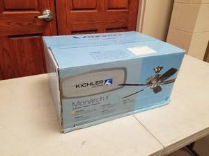 lot 403 image: Kichler Monarch II 52 Ceiling Fan Brushed Stainless Steel with 5 Light OakMedium Oak blades (new in box)