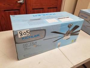 lot 404 image: Kichler Ellys 56 Ceiling Fan Olde Bronze with 7 CherryWalnut blades (new in box)