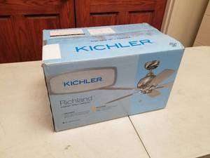 lot 405 image: Kichler Richland 42 Ceiling Fan Oil Rubbed Bronze with 5 WalnutCherry blades (new in box)
