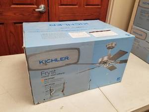 lot 408 image: Kichler Fryst 52 Ceiling Fan Distressed Black with 5 WalnutCherry blades (new in box)