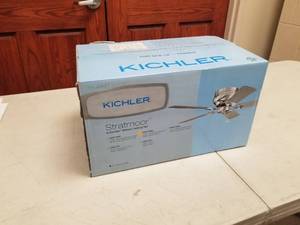 lot 411 image: Kichler Stratmoor 42 Ceiling Fan Oil Rubbed Bronze with 5 WalnutCherry blades (new in box)