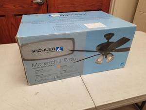 lot 412 image: Kichler Monarch II Patio 52 Ceiling Fan Weathered Steel with 5 ABS WalnutTeak blades (new in box)