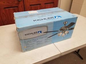 lot 413 image: Kichler Sutter Place Premier 52 Ceiling Fan Satin Natural White with 5 Satin Natural White blades (new in box)