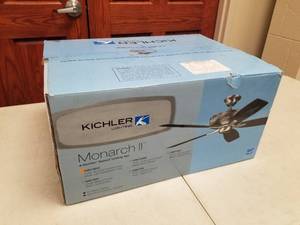 lot 414 image: Kichler Monarch II 52 Ceiling Fan Brushed Stainless Steel with 5 Light OakMedium Oak blades (new in box)