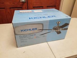 lot 415 image: Kichler Sutter Place 52 Ceiling Fan Oil Rubbed Bronze with 5 WalnutCherry blades (new in box)
