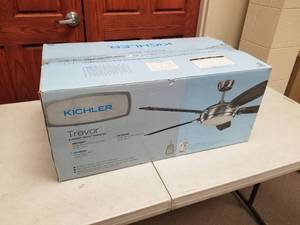 lot 416 image: Kichler Trevor 60 Ceiling Fan Brushed Stainless Steel with 5 Walnut Solid Wood blades (new in box)