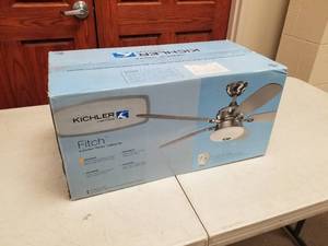 lot 419 image: Kichler Fitch 52 Ceiling Fan Brushed Stainless Steel with 5 Light OakMedium Oak blades (new in box)