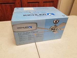 lot 420 image: Kichler Sutter Place 42 Ceiling Fan Brushed Stainless Steel with 5 Light OakMedium Oak blades (new in box)