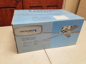 lot 421 image: Kichler Stratmoor 52 Ceiling Fan Brushed Stainless Steel with 5 Light OakMedium Oak blades (new in box)
