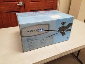 lot 423 image: Kichler Saxon 52 Ceiling Fan Tannery Bronze with 5 TeakCherry blades (new in box)