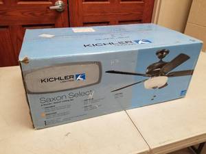 lot 424 image: Kichler Saxon Select 52 Ceiling Fan Satin Natural White with 5 Satin Natural White blades (new in box)
