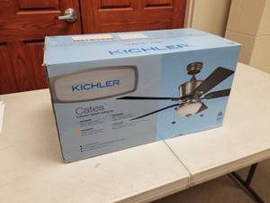 lot 425 image: Kichler Cates 52 Ceiling Fan Weathered Steel with 5 ABS TeakTeak blades (new in box)