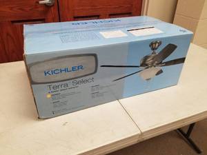 lot 426 image: Kichler Terra Select 52 Ceiling Fan Burnished Antique Pewter with 5 Dark CherryWeathered WH Walnut blades and White Etched glass (new in box)