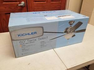 lot 427 image: Kichler Terra Select 60 Ceiling Fan Burnished Antique Pewter with 5 Dark CherryWeathered WH Walnut blades (new in box)