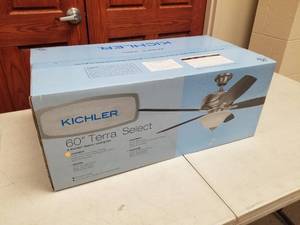 lot 428 image: Kichler Terra Select 60 Ceiling Fan Burnished Antique Pewter with 5 Dark CherryWeathered WH Walnut blades (new in box)