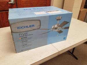 lot 429 image: Kichler Fryst 52 Ceiling Fan Distressed Black with 5 WalnutCherry blades (new in box)