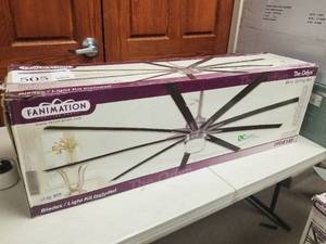 lot 354 image: Fanimation The Odyn 84 Ceiling Fan Oil-rubbed Bronze with 9 blades and Opaque White glass (new in box)