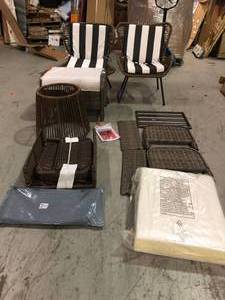 Mixed pallet of Stylewell Clover Brook 3-Piece Wicker Outdoor Patio Conversation Seating Set with Beige Cushions & Windsor Brown Wicker Outdoor Patio Ottoman with CushionGuard Sky Blue Cushions (2-Pack) (see all pictures)