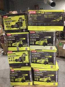 Pallet of 9 RYOBI Brushless Lithium-Ion Cordless Walk Behind Mowers various models and conditions customer returns