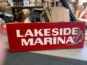 lot 41 image: Antique 1950s or 1960s Lakeside Marina Metal Sign 24 X 66