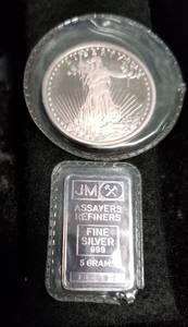 2 FRACTIONAL JM .999 FINE SILVER 12 TROY OZ & 5 gram BAR both sealed