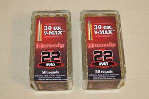 lot 33 image: 100 Hornady .22 Mag 30 Gr V-Max Ammo