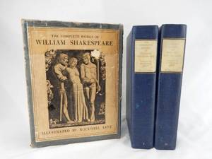 lot 8 image: Vintage First Edition 1936 Limited Edition The Complete Works of William Shakespeare 2 Volume Book Set - Signed and Numbered by Rockwell Kent