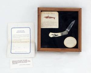 lot 79 image: Vintage Spouting Whale Inc. Limited Edition Killer Whale Scrimshaw Wooly Mammoth Tusk Folding Knife