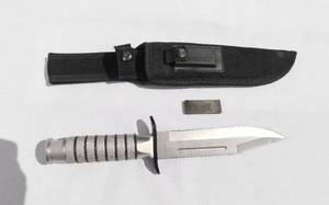 lot 107 image: Large Stainless Steel Blade Hunting Survival Knife and Sheath With Sharpening Stone