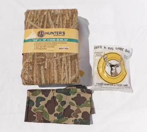 lot 108 image: Camoflage Burlap Cover, Scarf and Deer and Big Game Bag Set