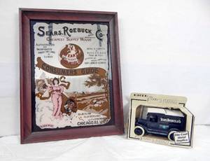 lot 46 image: Vintage Sears Roebuck and Company Consumer Guide Ad Mirror and Limited Edition Ertl Ford Model T Diecast Bank Set