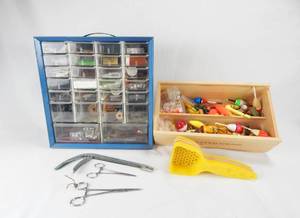 lot 135 image: Large Lot of Assorted Vintage Fishing Tackle and Akro-Mils Storage Cabinet