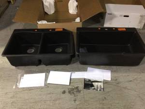 lot 26 image: Lot of 2 Kennon Dual Mount Neoroc Granite Composite 33 in. 1-Hole Single Bowl Kitchen Sink in Matte Black by KOHLER Customer Returns See Pictures