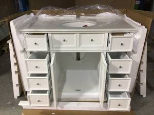lot 27 image: Hampton Harbor 44 in. W x 22 in. D Bath Vanity in White with Natural Marble Vanity Top in White by Home Decorators Collection Customer Returns See Pictures