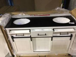 lot 28 image: Merceza 60 in. W x 22 in. D Barn Door Vanity in Antique White with Granite Vanity Top in Black with White Sink by Home Decorators Collection Customer Returns See Pictures