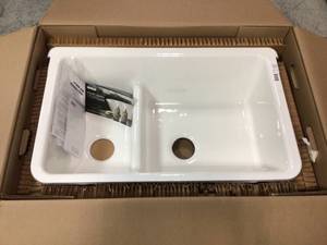 lot 36 image: Whitehaven Farmhouse Undermount Apron Front Cast Iron 36 in. Double Bowl with Smart Divide Kitchen Sink in White by KOHLER Customer Returns See Pictures