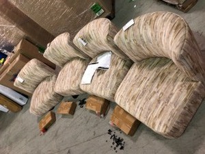 lot 8 image: Lot of 4 Fran Light Brown Fabric and Gold Metal Slipper Chair by Lumisource See Pictures