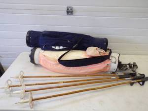 Golf Clubs, 2 Golf Bags and Wood Ski poles
