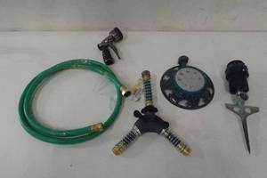 lot 775 image: Lawn Care Bundle - Gilmour and Orbit - 1 Stationary Sprinker, 1 Gear Drive Sprinker, 1 Hose Nozzle, Dual Flex Connect Shut-Off Hose Adaptor, 6 ft Leader Hose