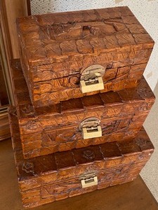 Set of Three Carved Wood Asian Inspired Wood Boxes
