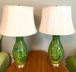 Pair of Stunning Bright Green and Yellow Glass Table Lamps