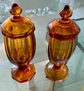 Two Amber Colored Lidded Containers