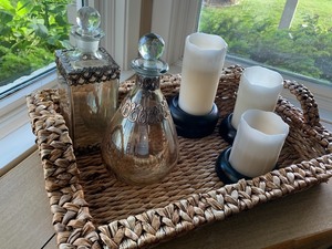 Decorative Basket, Glass Containers and Battery Operated Candles