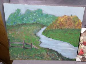 lot 123 image: Painting of a Creek and Prints of Cardinals