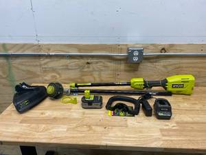 lot 27 image: RYOBI ONE 18-Volt Lithium-Ion Cordless Attachment Capable Brushless String Trimmer, 4.0 Ah Battery and Charger Included