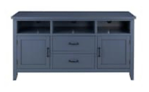 lot 72 image: WHITFORD Steel Blue Wood TV Stand with Two Doors and Two Drawers (58 in. W x 30 in. H) (Missing Hardware)