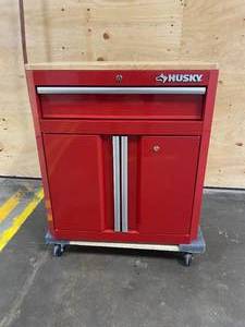 lot 8 image: HUSKY 23-Gauge Steel 1-Drawer 2-Door Garage Base Cabinet in Red (28 in. W x 33 in. H x 18 in. D)